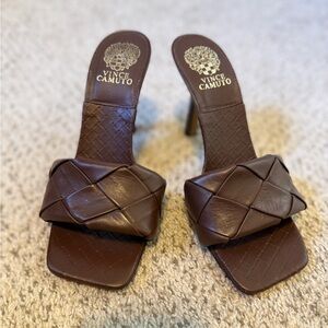 Vince Camuto Chocolate Brown Woven Heeled Mules Brelainy 8.5